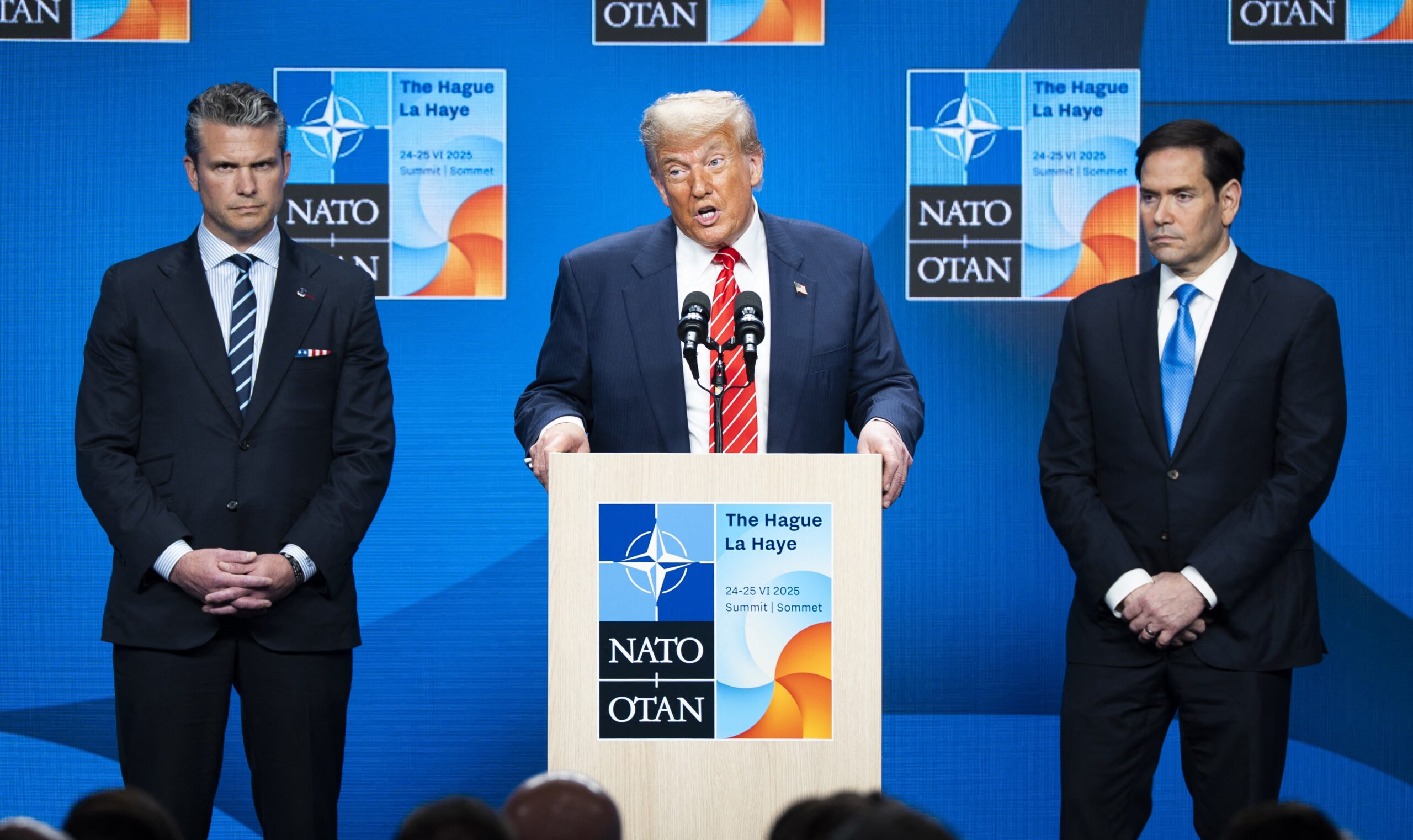 US president Donald Trump during a press conference after the NATO summit at the World Forum The Hague.