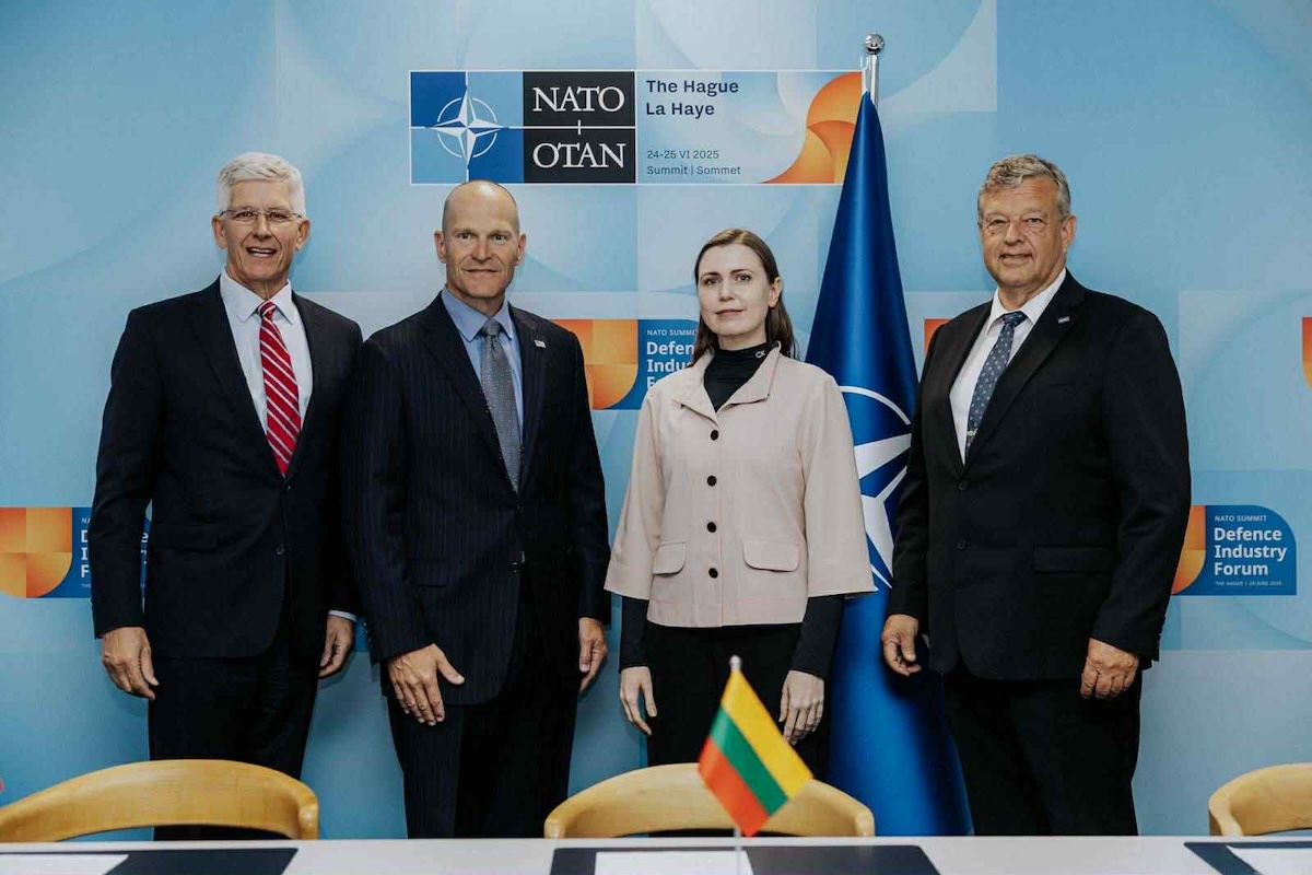 (From L) Northrop Grumman VP Steve O’Bryan, US Mission to NATO Defense Advisor Scott Delius, Lithuanian Defense Minister Dovilė Šakalienė, and Nammo CEO Morten Brandtzæg at the NATO Summit