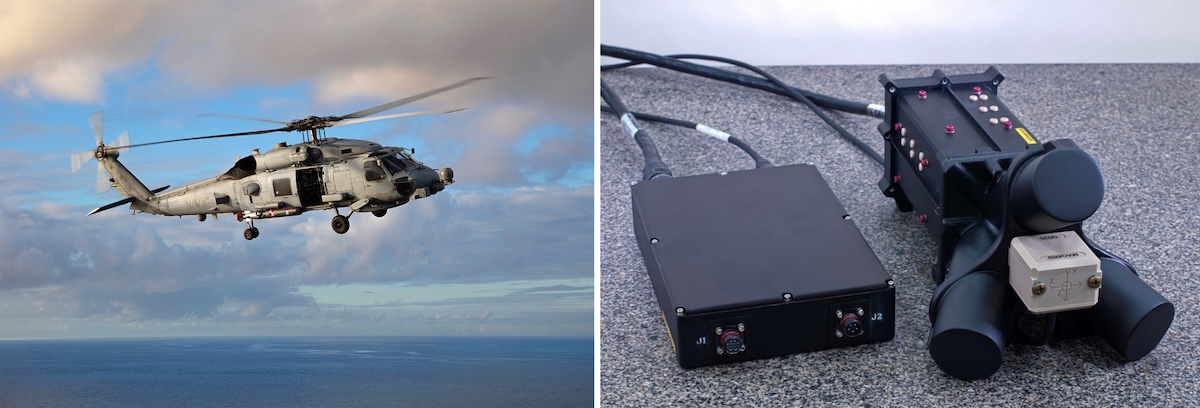 Side by side photo of the Sikorsky MH-60 helicopter and the The Magnetic Anomaly Detection-Extended Role (MAD-XR) kit