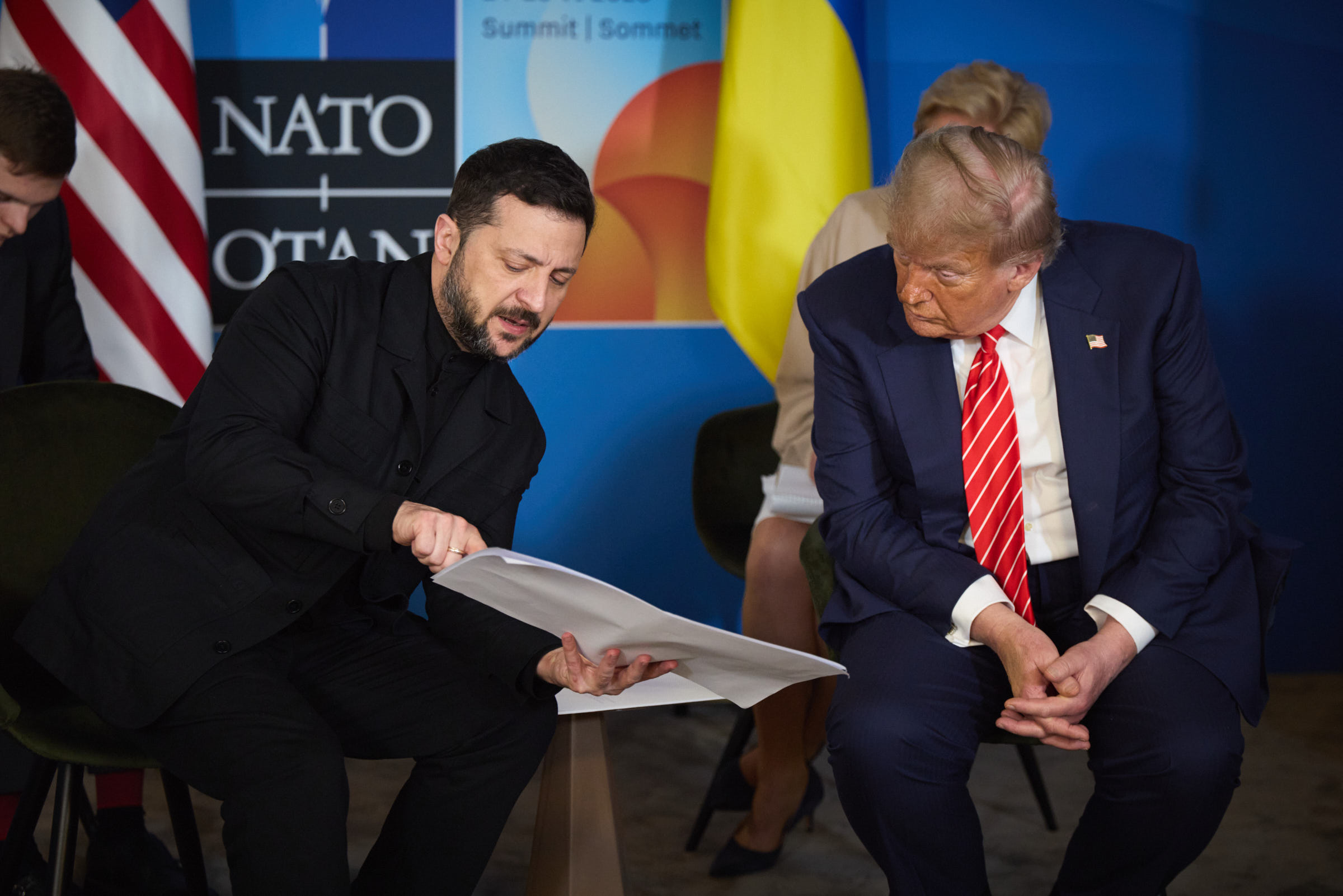 Ukrainian President Volodymyr Zelensky and US President Donald Trump meeting at NATO's summit in The Hague.