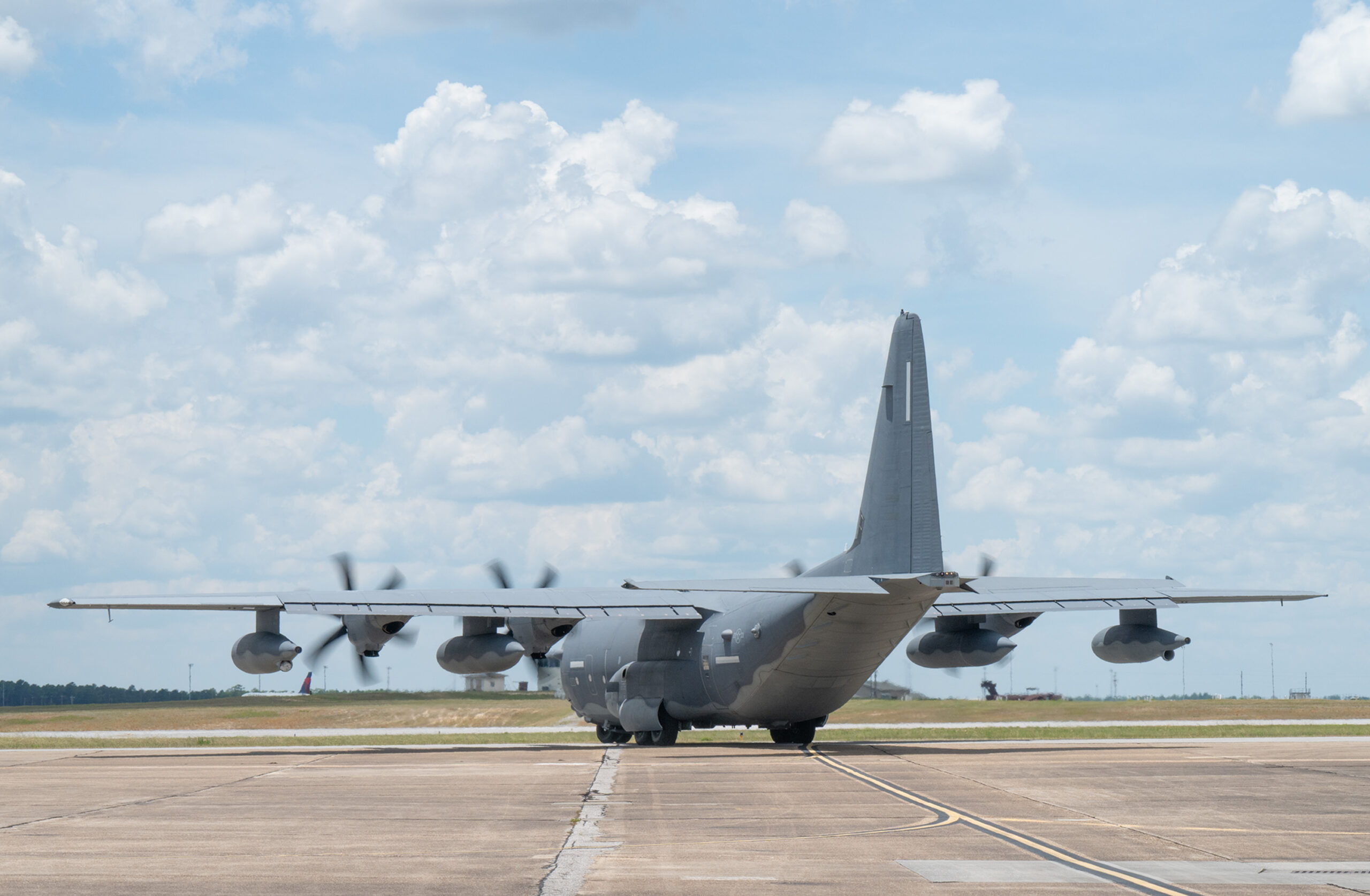 An MC-130J taxis out for its first flight with new aerodynamic Finlets attached to the aircraft at Eglin Air Force Base, Florida.