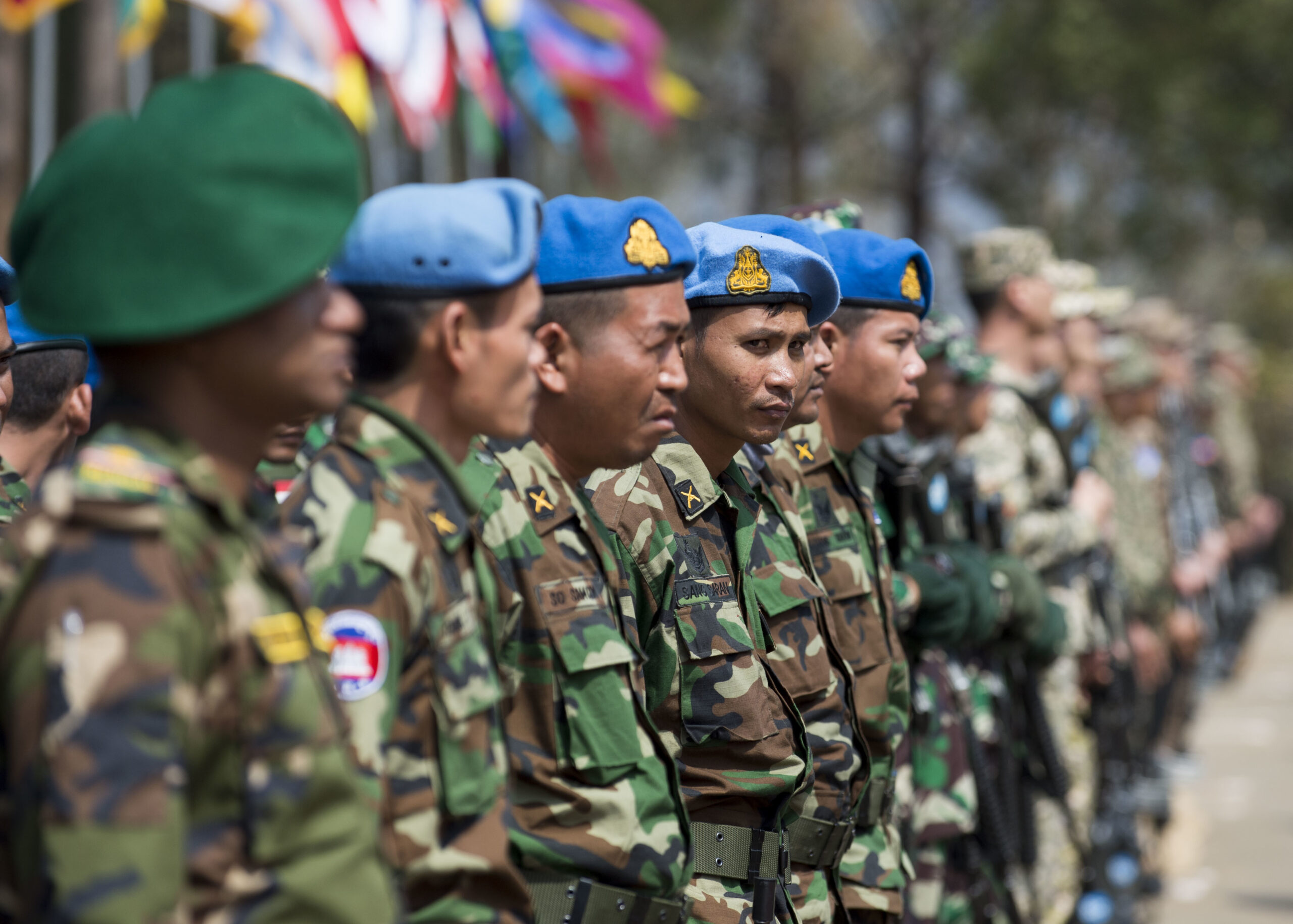 Cambodian soldiers stand in formation during the opening ceremony of Shanti Prayas III in Nepal. Shanti Prayas III is a multinational United Nations peacekeeping exercise designed to provide pre-deployment training to U.N. partner countries in preparation for real-world peacekeeping operations. (U.S. Navy Photo by Petty Officer 2nd Class Taylor Mohr)