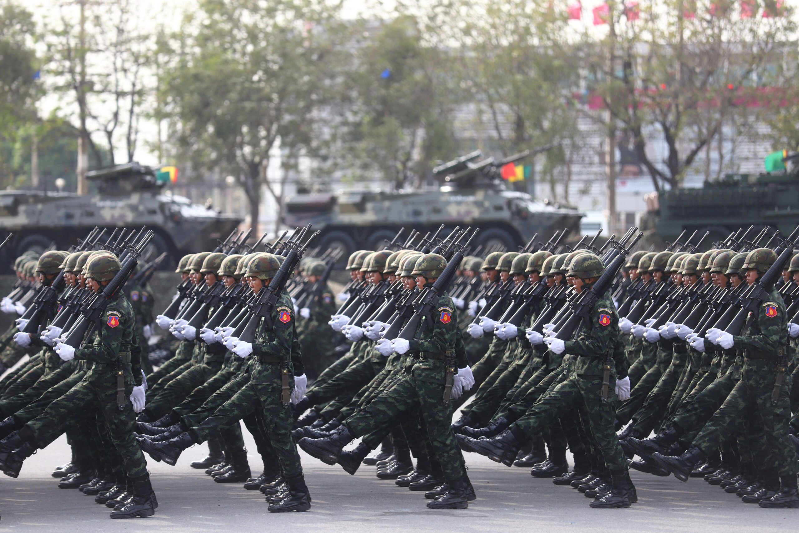 Troops march on parade during an oath-of-allegiance ceremony, presided over by army chief Gen Narongpan Jitkaewthae, to mark Royal Thai Armed Forces Day on 18 January 2023 at the armys Cavalry Centre in Saraburi. Some 2,846 soldiers took part in the parade.