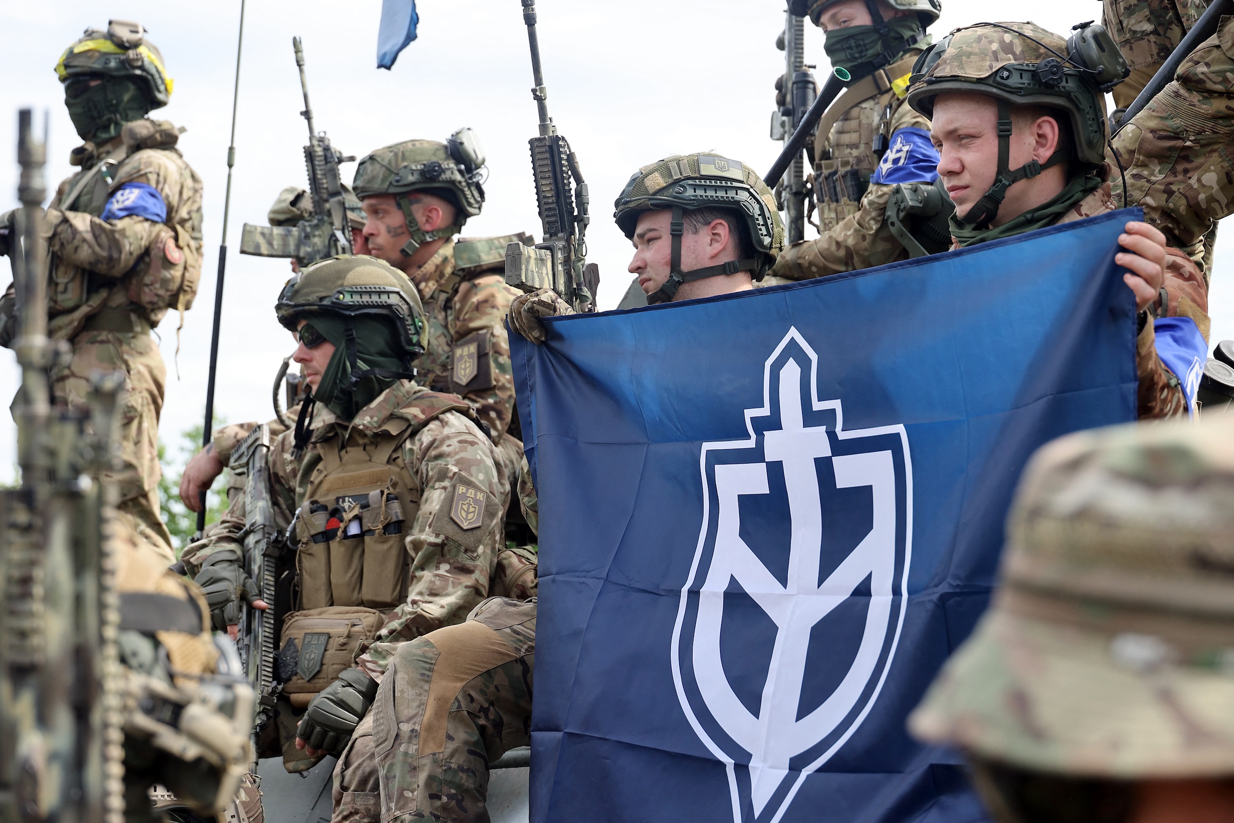 Representatives of the Russian Volunteer Corps (RDK) during a briefing near the border in northern Ukraine