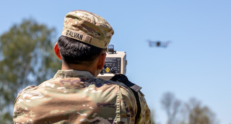 A US soldier is participating in a counter-drone training.