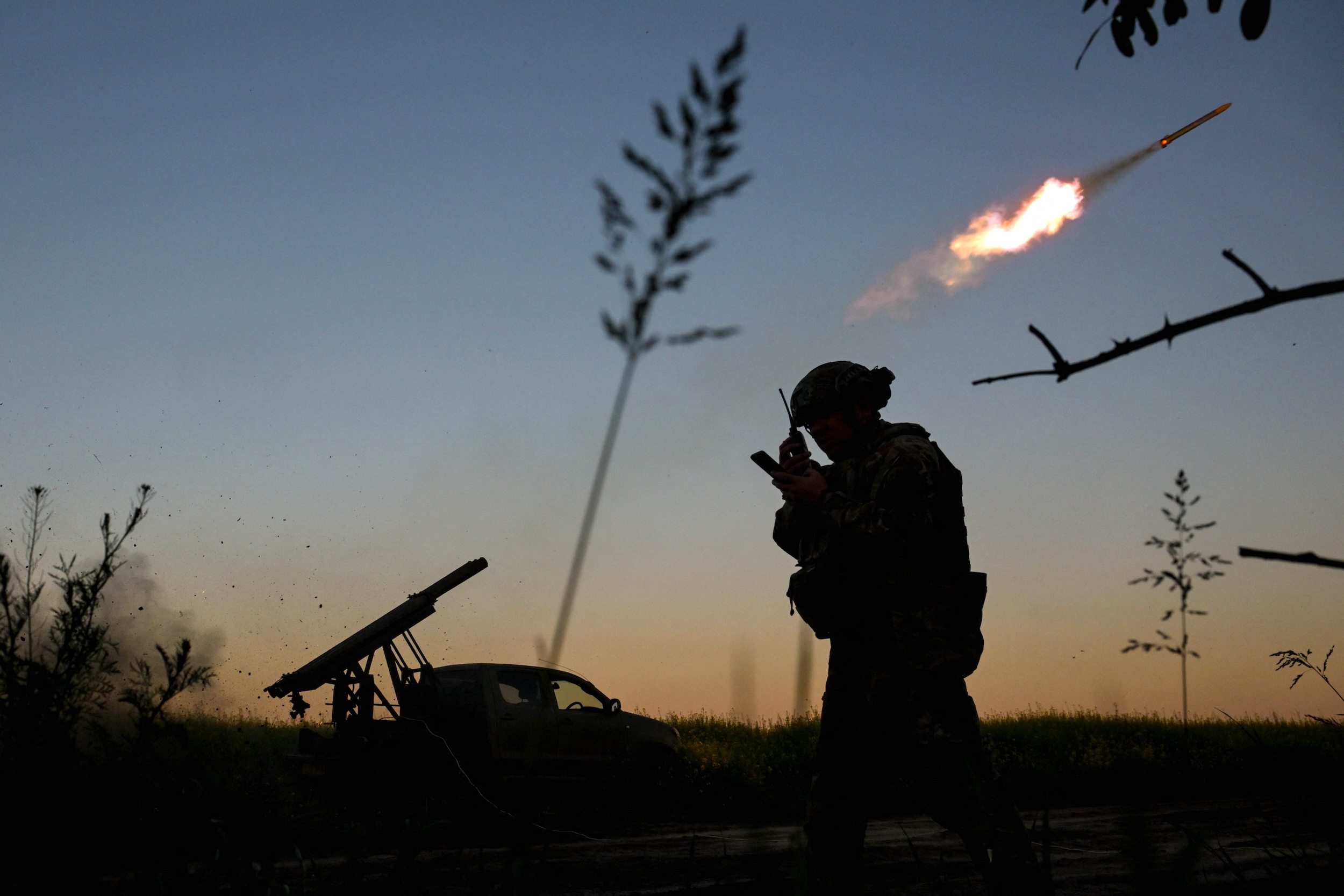 A soldier of the artillery crew of the Rifle Battalion special unit of the Main Directorate of the National Police of Ukraine in the Zaporizhzhia region performs a combat mission using a portable rocket launcher ''Partizan'' in the Zaporizhzhia direction, Ukraine