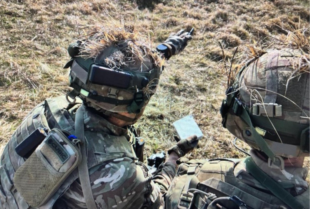Officer Cadet from the UK Royal Military Academy Sandhurst using Cubic Tactical Engagement Systems (TES) Equipment on Exercise Dynamic Victory.