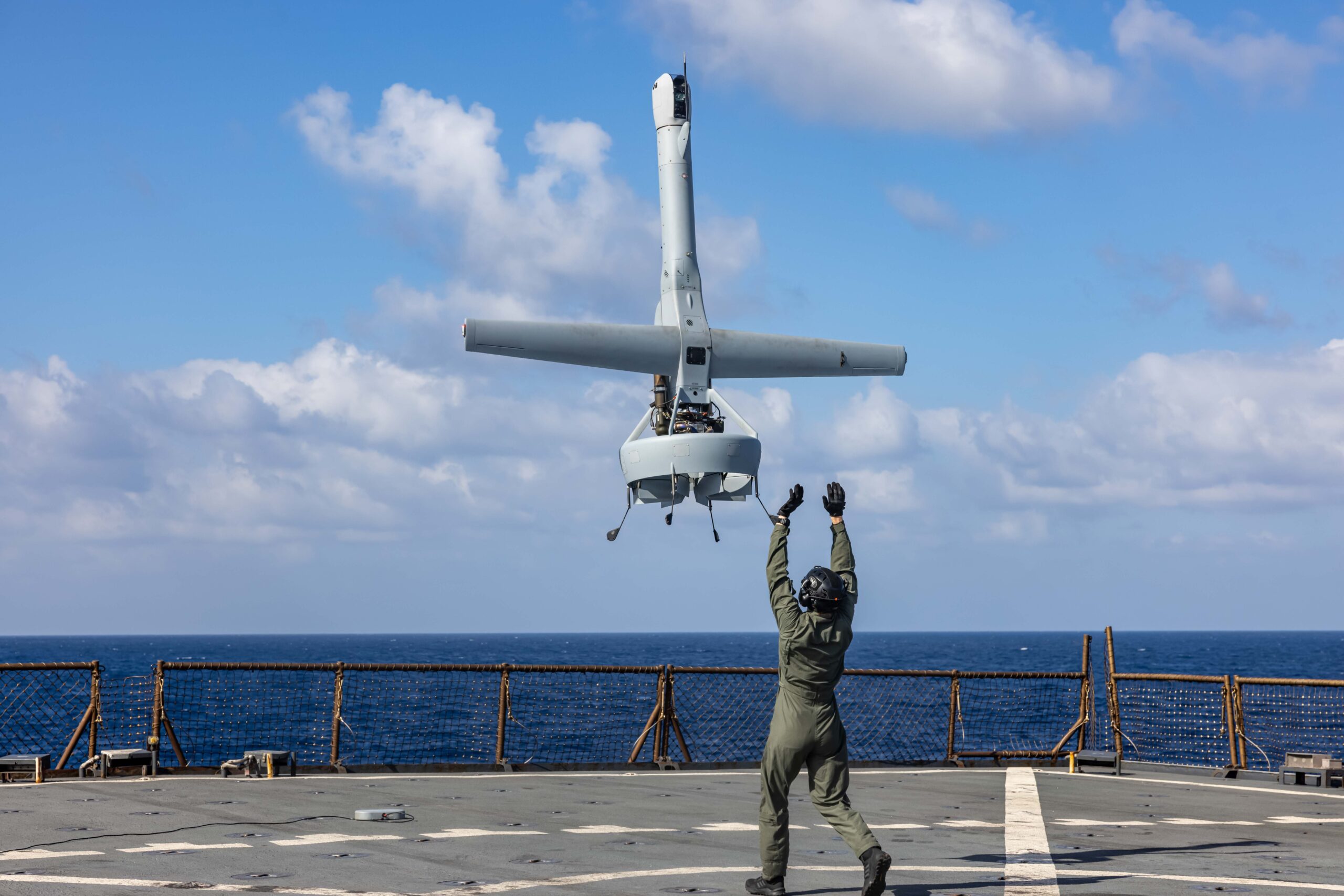 A V-BAT unmanned aerial system launches aboard Harpers Ferry-class dock landing ship USS Carter Hall (LSD-50), Feb. 9, 2024. The V-BAT provides the 26th Marine Expeditionary Unit (Special Operations Capable (MEU(SOC)) the capability to increase maritime awareness through utilization of intelligence, surveillance, and reconnaissance sensors. The Bataan Amphibious Ready Group, with the embarked 26th MEU(SOC) is on a scheduled deployment in the U.S. Naval Forces Europe area of operations, employed by U.S. Sixth Fleet to defend U.S., Allied and partner interests. (U.S. Marine Corps photo by Cpl. Rafael Brambila-Pelayo)