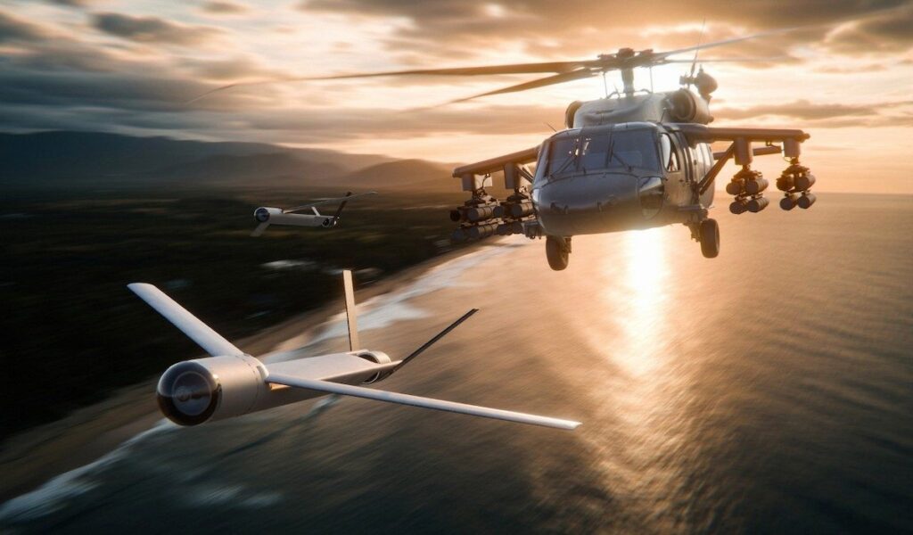 A flying Black Hawk helicopter with launched effects