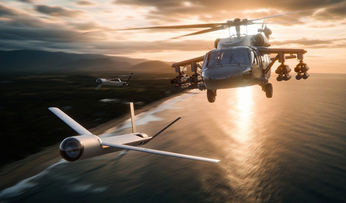A flying Black Hawk helicopter with launched effects