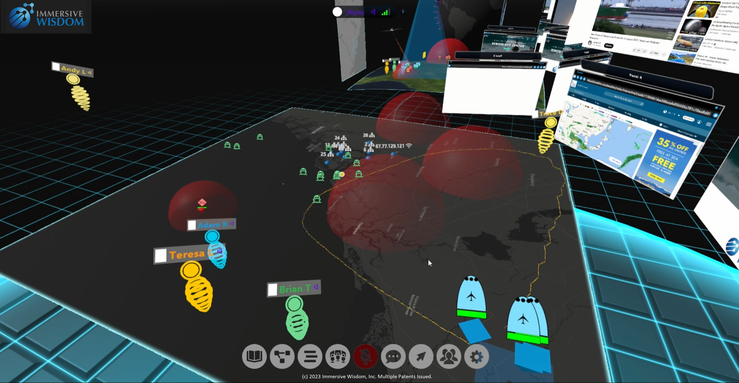 The Immersive Wisdom software platform brings together existing sensor feeds, enterprise applications, maps, 3D data, geospatial sources, and video streams into a synchronized real-time, interactive remote collaborative operations center, accessible worldwide. Distributed users can interact via real-time sharing, presentation, annotation, and data query tools, and via live voice & chat, providing remote physical presence and real context.