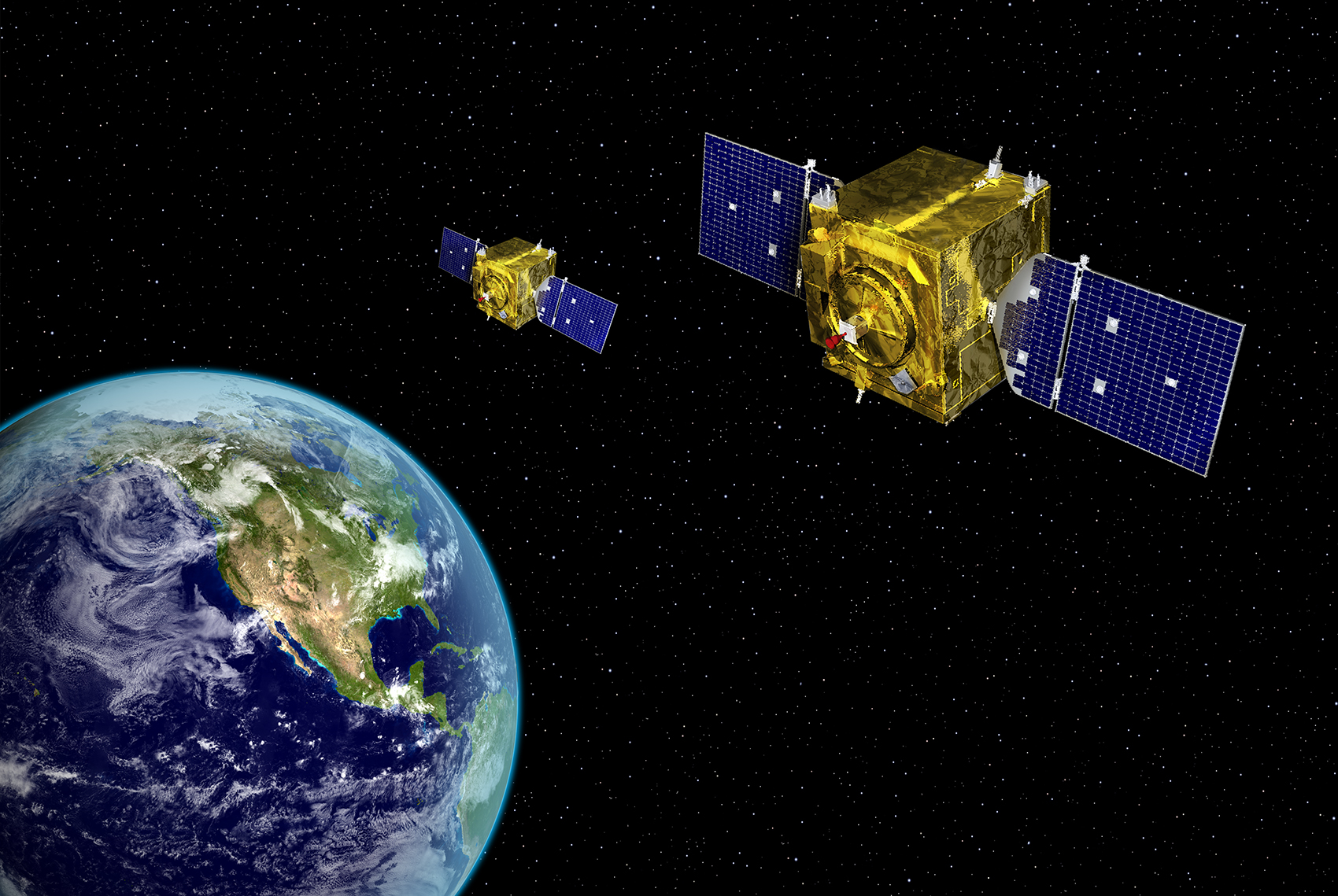 Rendering of US Geosynchronous Space Situational Awareness Program (GSSAP) satellites
