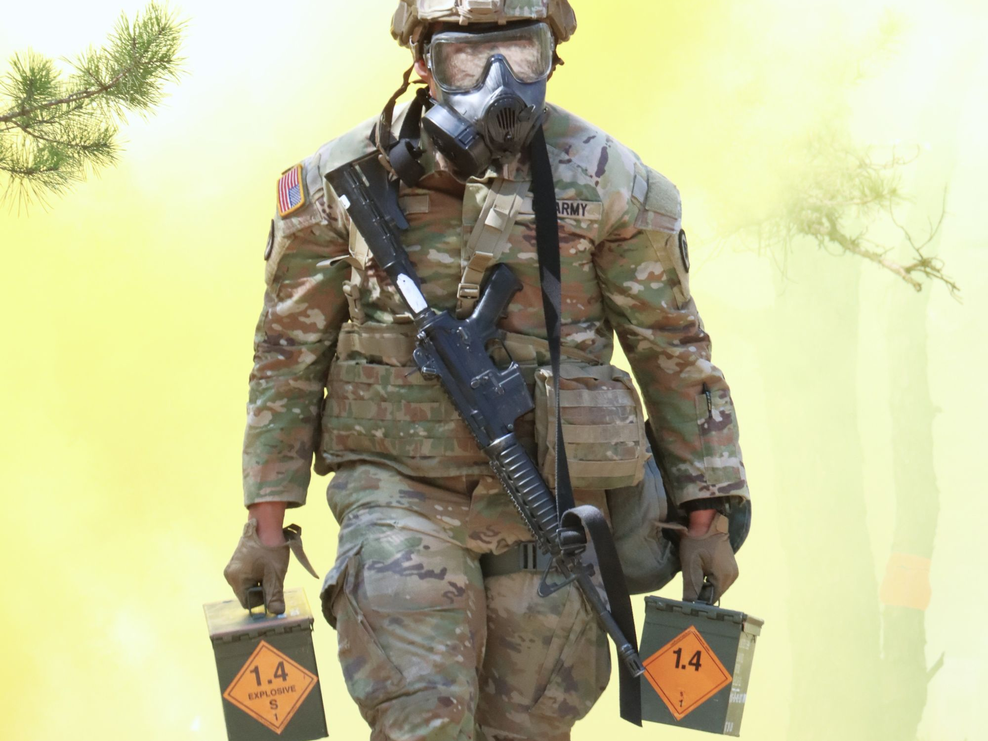 The New Jersey Army National Guard hosted their Best Warrior competition from 29 April to 02 May at ASA Fort Dix on squad live fire range 30B. SGT Tera Vera, 902 QM Co., once masked during a chemical attack, must resupply ammo to the front line during the Stress Shoot Competition. This lane required competitors to complete a multitude of warrior tasks throughout the course to include a live fire exercise with the M4 and M17. (Images provided by the USASA Fort Dix Training Division / Steven Roussel)