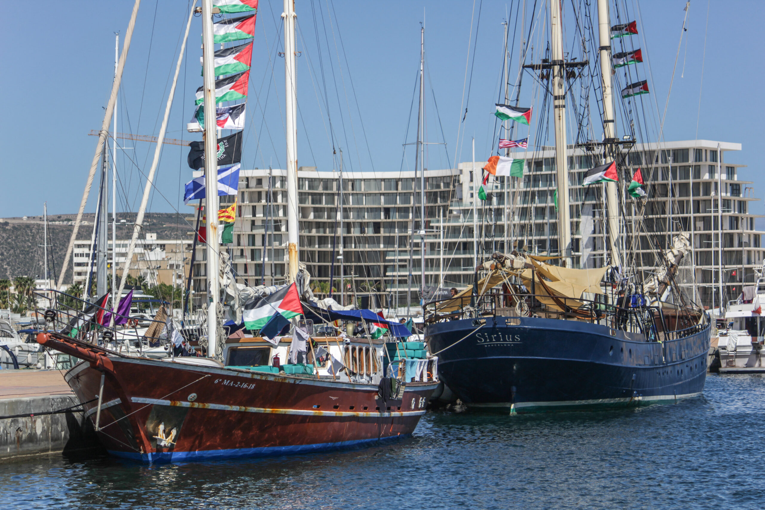 Vessels, part of the Global Sumud Flotilla, are moored at the port of Bizerte in northern Tunisia on September 13, 2025.