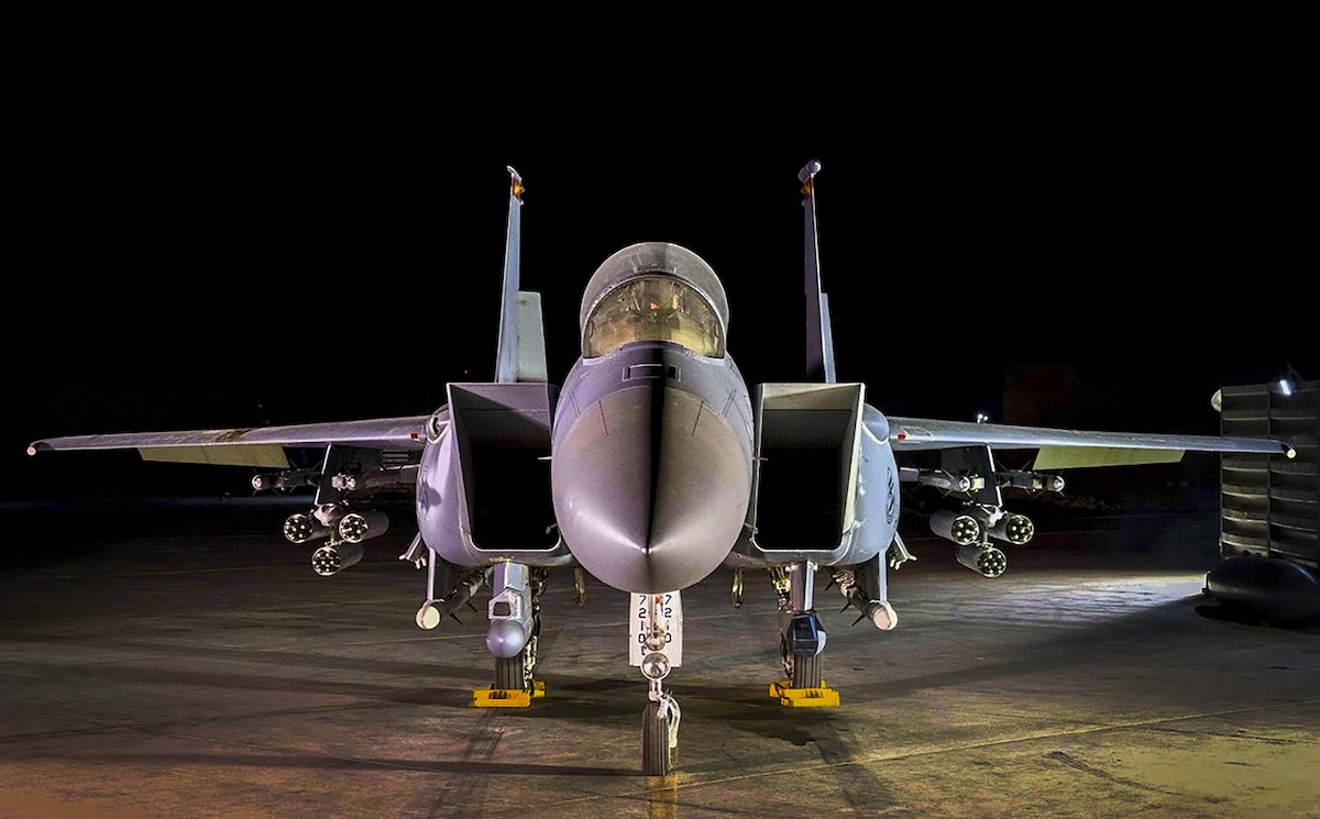 An F-15E Strike Eagle loaded up with AGR-20F Advanced Precision Kill Weapon System II laser-guided rockets