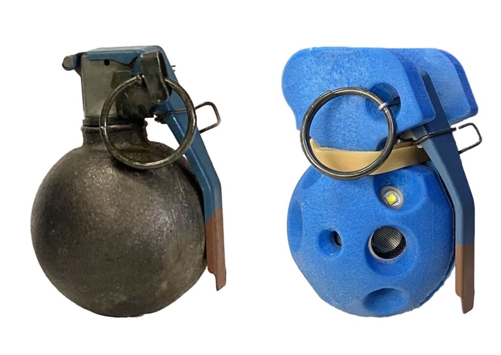  Left to Right: M67 hand grenade, Sim Grenade™