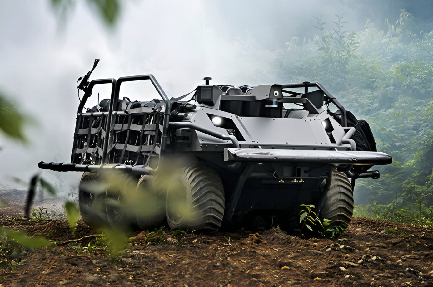 A Rheinmetall Mission Master SP unmanned ground vehicle in a forest