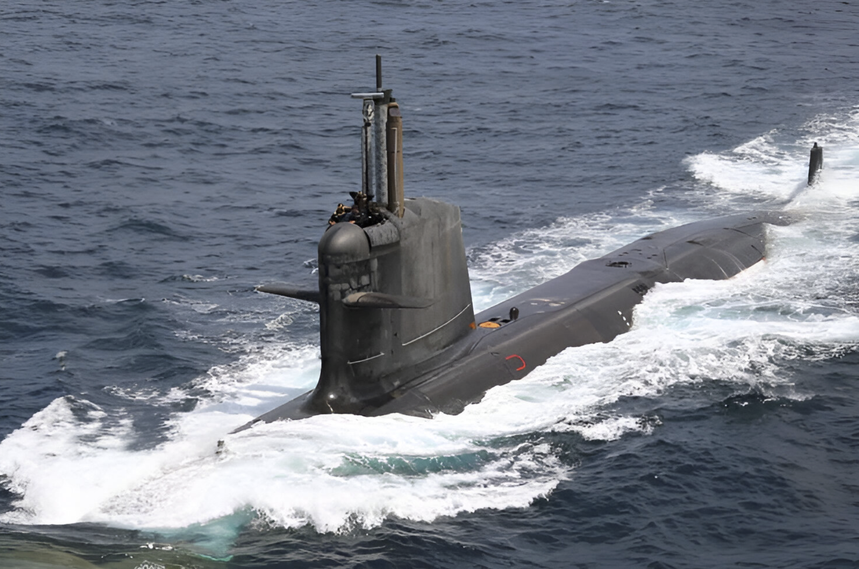A Scorpene class submarine sailing on the sea surface