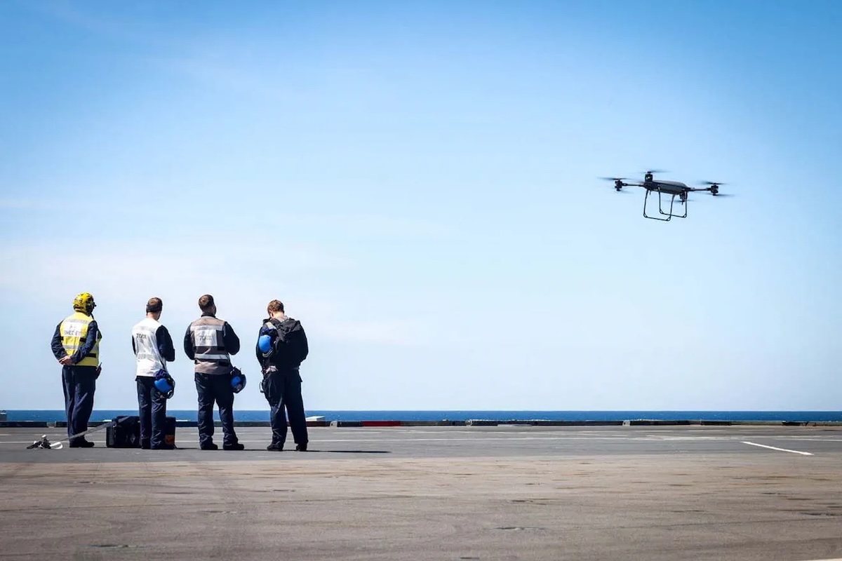 Royal Navy crew flies the Malloy Aeronautics' T-150 drone for resupply logistics between HMS Prince of Wales and HMS Dauntless