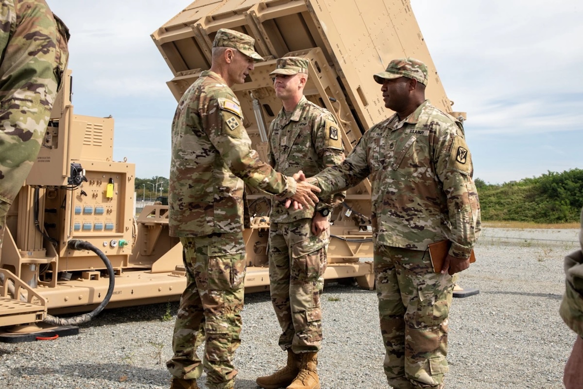 Chief of Staff of the Army Gen. Randy George meets with leaders from the 35th Air Defense Artillery Brigade and Soldiers from 6th Battalion, 52nd Air Defense Artillery Regiment, in front of a launcher indirect fire protection capability system at a Patriot tactical site, Sept. 22, 2025.