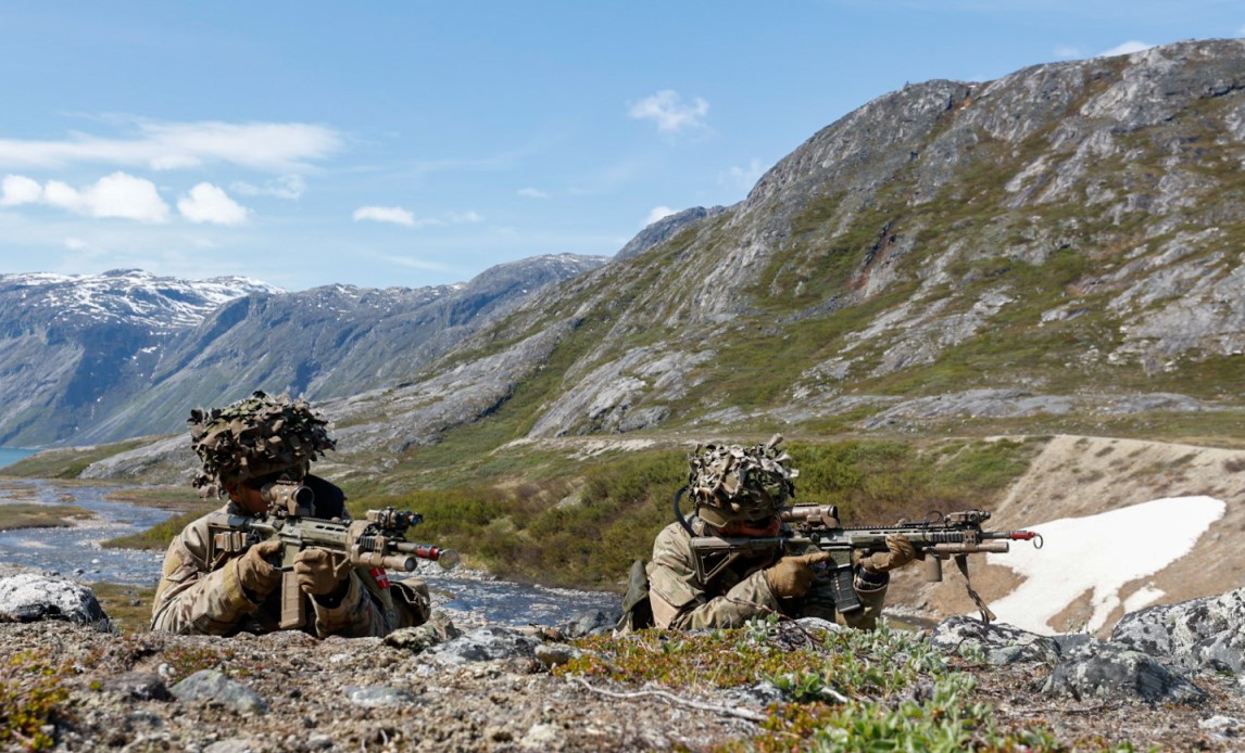 Danish soldiers in front of a green mountain terrain