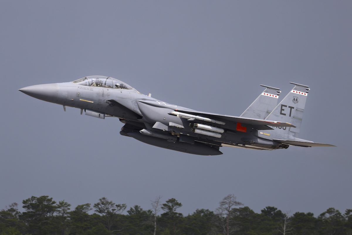 A 96th Test Wing F-15E Strike Eagle lifts off for a test mission at Eglin Air Force Base, Florida.