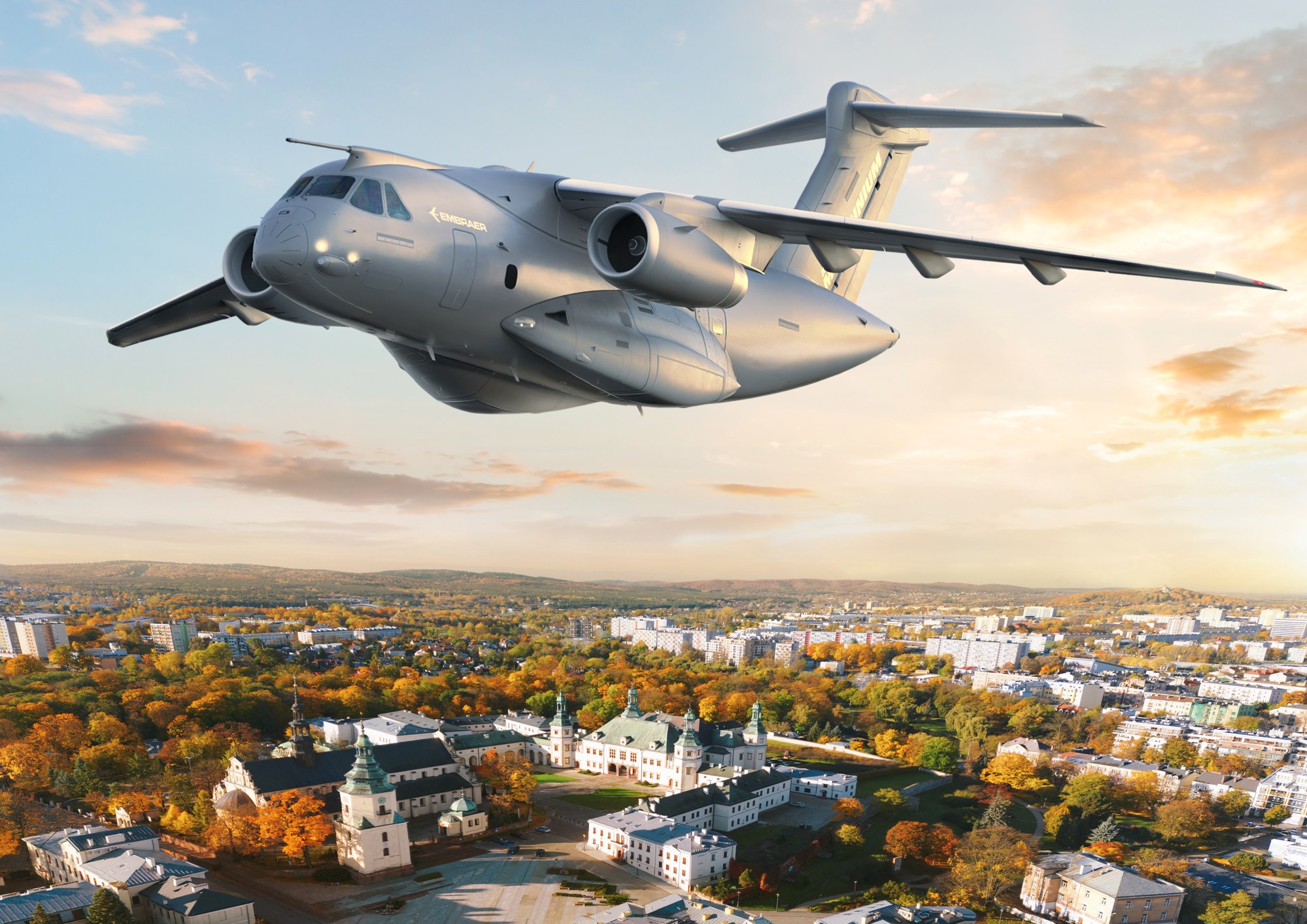 Artist's rendering of a KC-390 Millennium aircraft over Poland