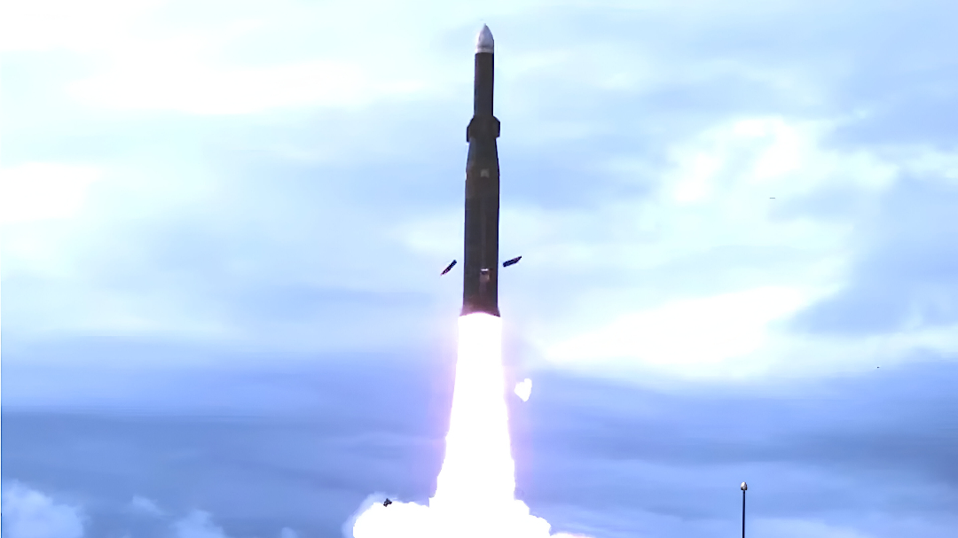 The Strongbow missile taking off with a cloudy background