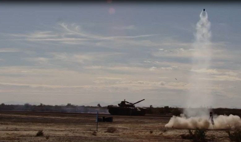 XM204 anti-vehicle munition with standoff and top attack capabilities designed to support terrain shaping operations in action during a test run