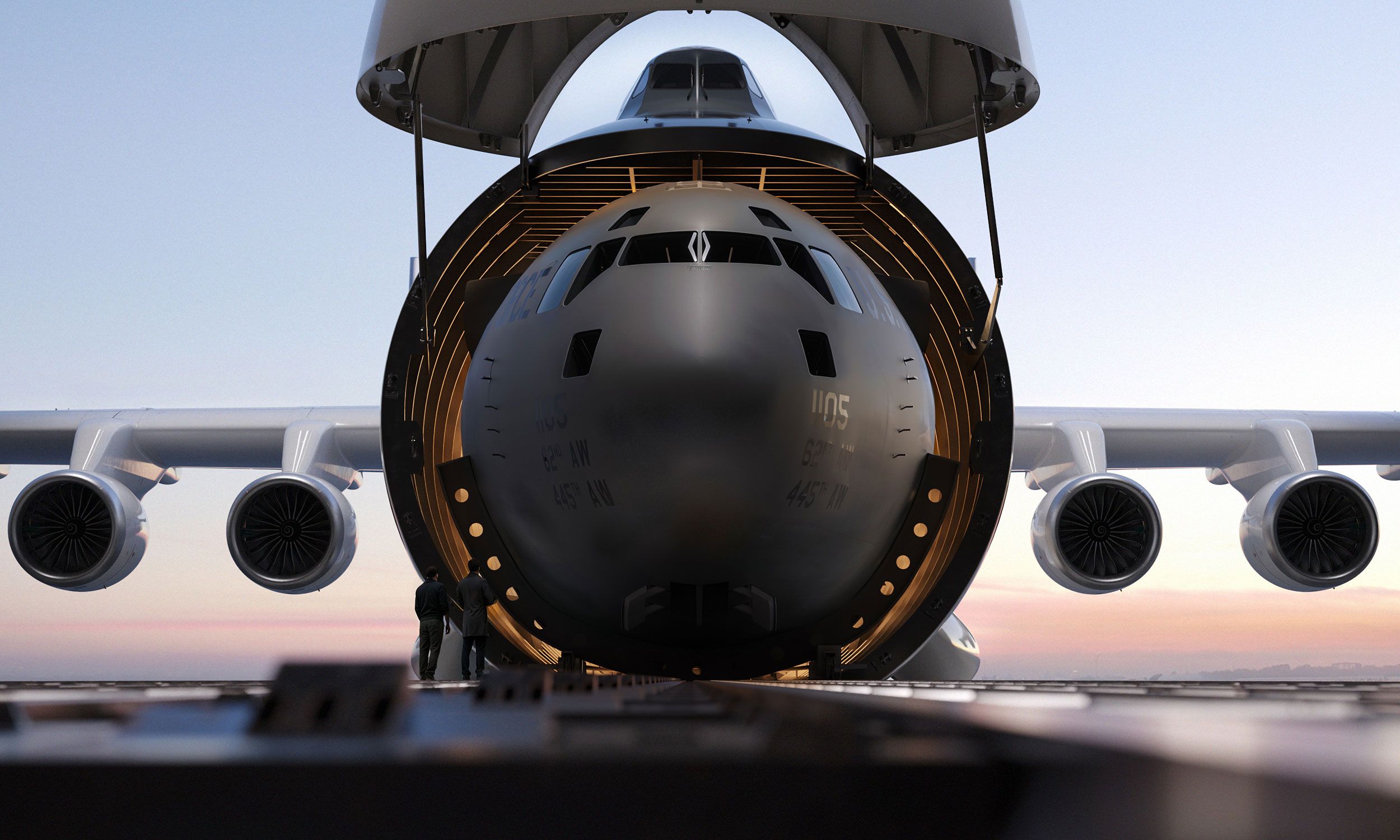 The front-view of Radia's WindRunner, with the nose and hangar staff visible