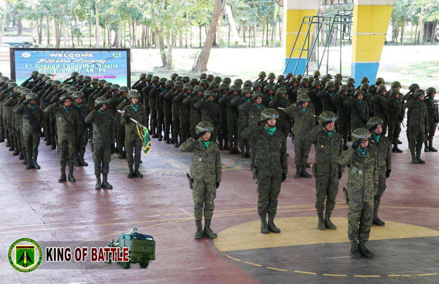 The newly activated 1st Ground-Launched Missile Battalion (P), renders a salute during the activation ceremony, demonstrating, descipline, respect to the national colors.