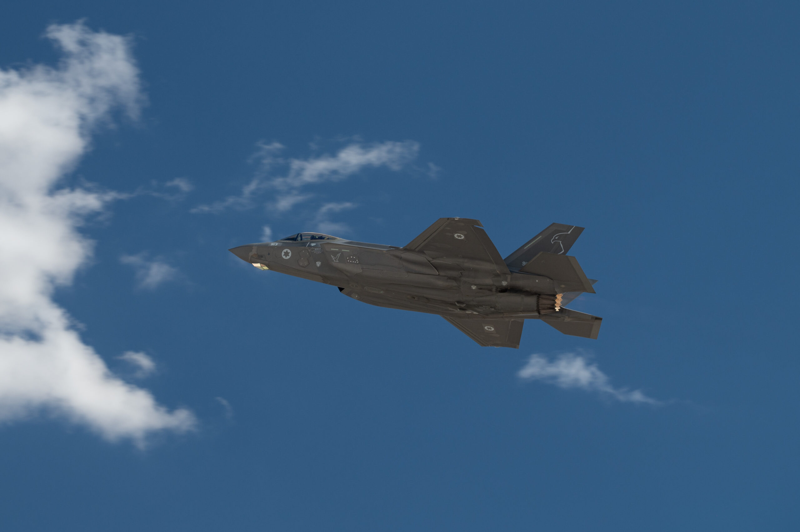An Israeli F-35I Adir assigned to 140 Squadron, Nevatim Air Base, takes off for a mission during Red Flag-Nellis 23-2 at Nellis Air Force Base, Nevada, March, 23, 2023. Red Flag is an opportunity to build on the success of JUNIPER OAK 23-2, JUNIPER FALCON, and additional combined exercises to enhance interoperability with Israel, strengthen bilateral cooperation, and improve capabilities in ways that enhance and promote regional stability and reinforce the United States’ enduring commitment to Israel’s security. (U.S. Air Force photo by William R. Lewis)