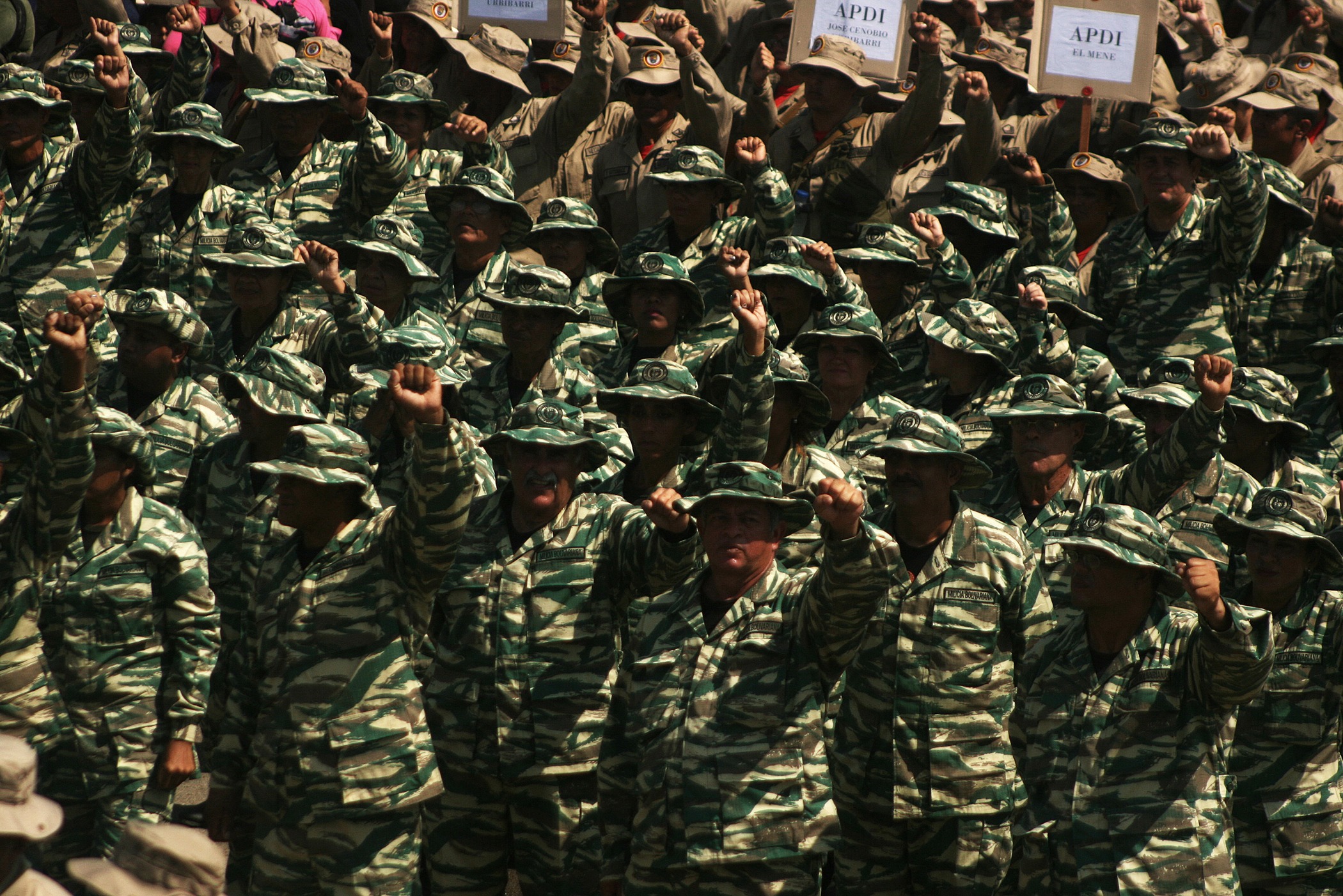 Great mobilization civic military people, Bolivarian National Armed Force, militia and indigenous people took place on 17 December 2018 in the city of Maracaibo, Venezuela. In commemoration of the 188 years of the death of the Liberator Simon Bolivar, and following orders of President Nicolas Maduro "to close ranks, knee to ground, in combat for the defense of national dignity and sovereignty" and categorically reject. The interventionist pretensions of the United States (USA), the European Union and the other countries of the continent, to be prepared and united to defend the national territory against any threat or group "guerrilla, dissident, paramilitary, criminal or drug trafficker" that threatens Venezuela. (Photo by Humberto Matheus/NurPhoto) (Photo by Humberto Matheus / NurPhoto via AFP)
