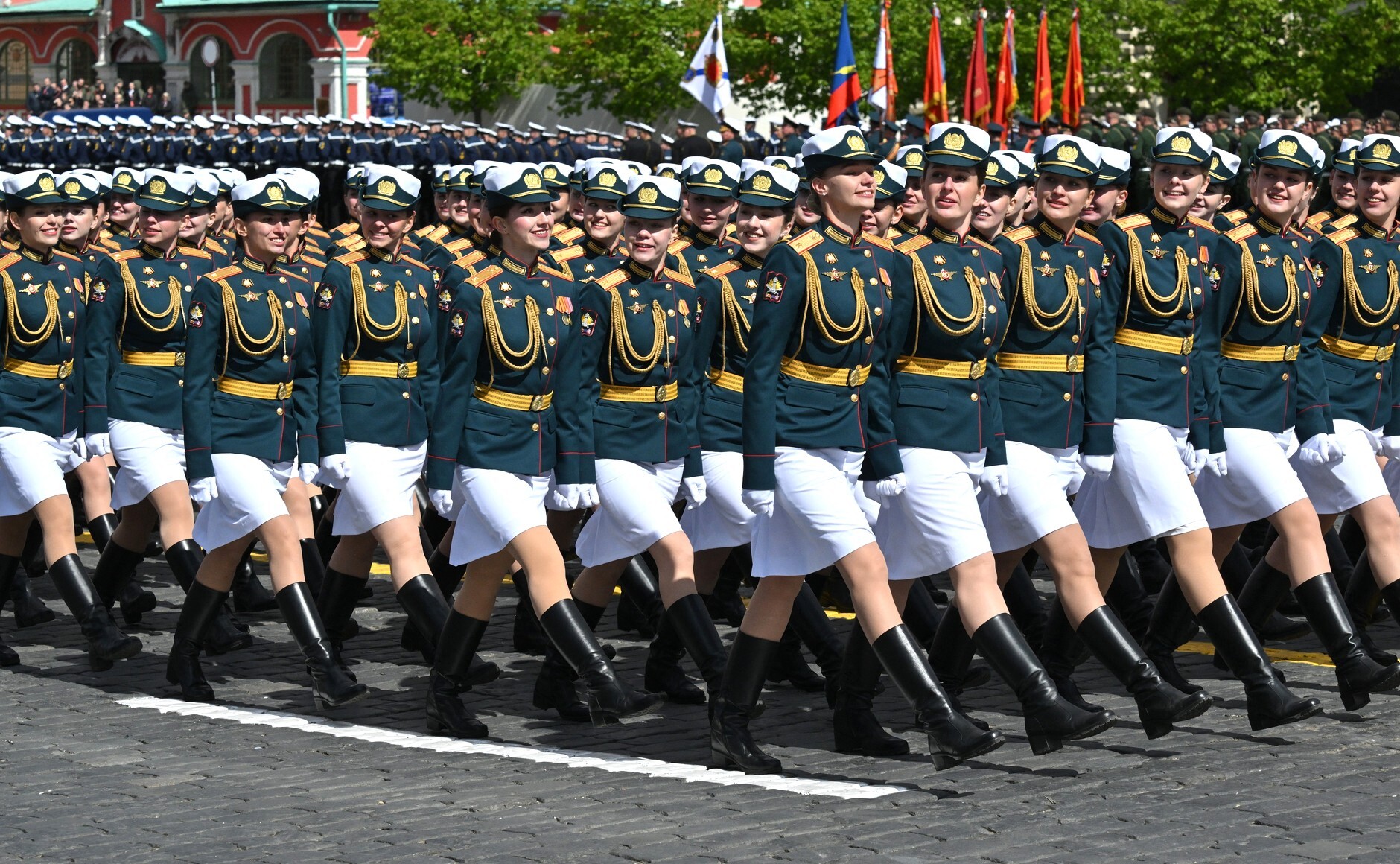 Female soldiers, formation, parade, military parade of the Russian Army on Red Square in Moscow on May 9, 2025. Military parade to mark the 80th anniversary of Victory in the Great Patriotic War. Russia's parade to mark the 80th anniversary of the victory over Nazi Germany. Photo: The Kremlin Moscow via (Photo by The Kremlin Moscow / dpa Picture-Alliance via AFP)