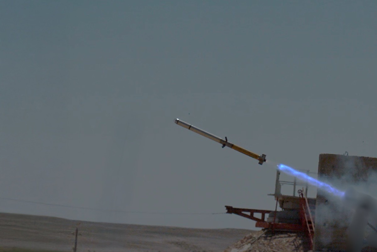LAHAT ALPHA anti-tank extended range missile in flight