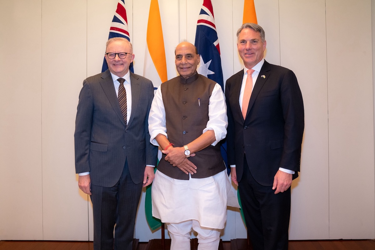 From L: Australian PM Anthony Albanese, Indian Defense Minister Rajnath Singh, and Australian Deputy PM and Defense Minister Richard Marles.