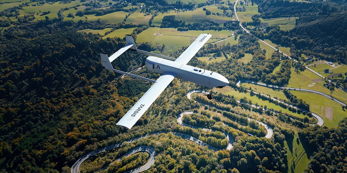Indra’s TARSIS unmanned aerial system in flight over mountainous terrain