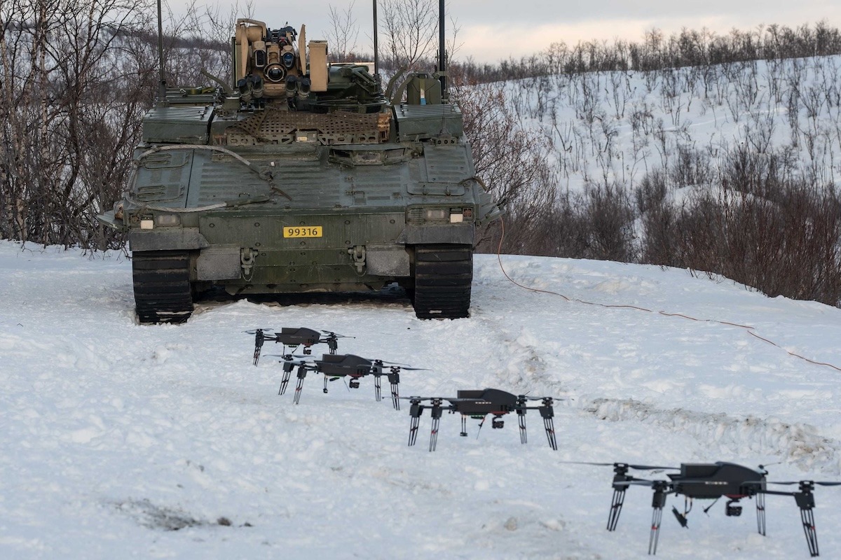 Valkyrie drone swarm controlled from a CV90 armored vehicle.