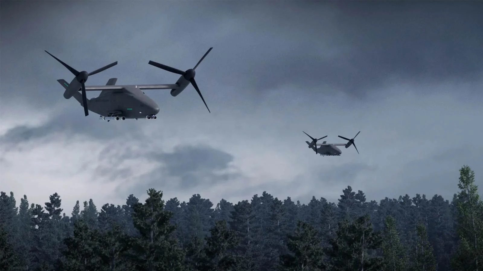 A dimly-lit image illustrating the CxR concept drones in flight over a forest setting