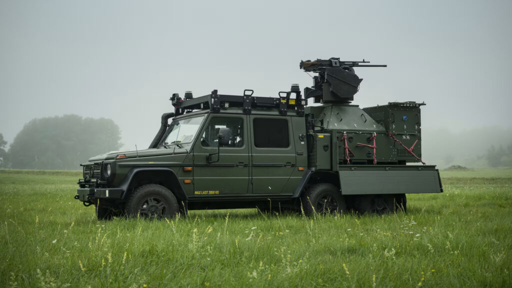 Saab's Loke concept, a green TGB15 truck with a Trackfire remote weapon station mounted on the back