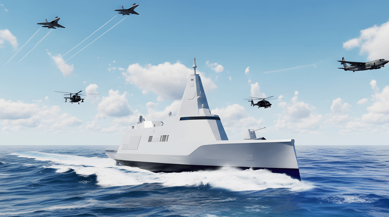 Hanwha Ocean's surface warship concept shown traveling at sea with helicopters and jets flying in the background