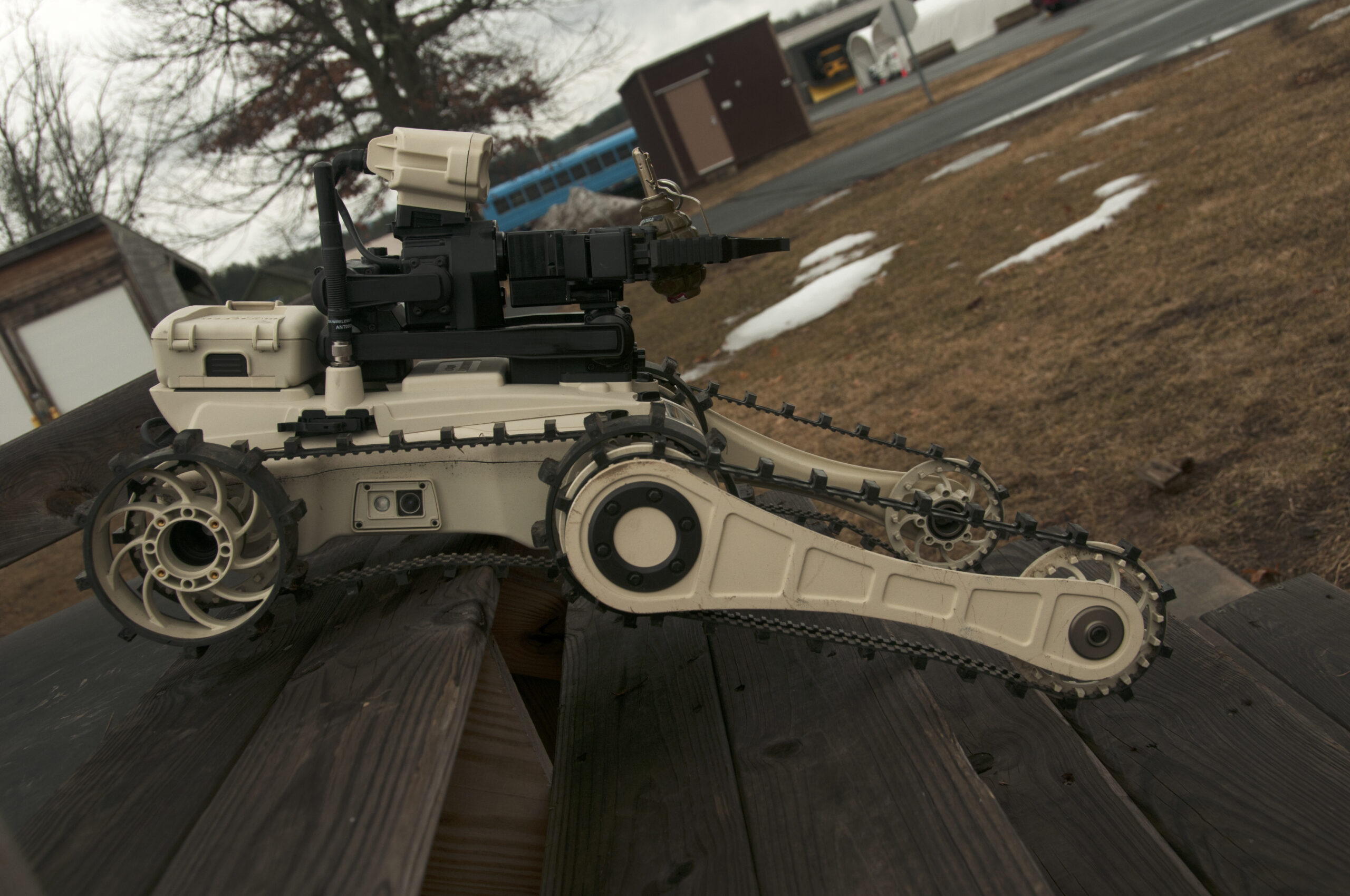 Staff Sgt. John Tourtellotte, the 104th Civil Engineering Squadron explosive ordnance disposal equipment NCO in charge, operates a Roboteam Micro Tactical Ground Robot Feb. 16, 2018, at 104th Fighter Wing in Westfield, Mass. The MTGR can be carried in a backpack and is a safer way for Airmen to examine possible threats.