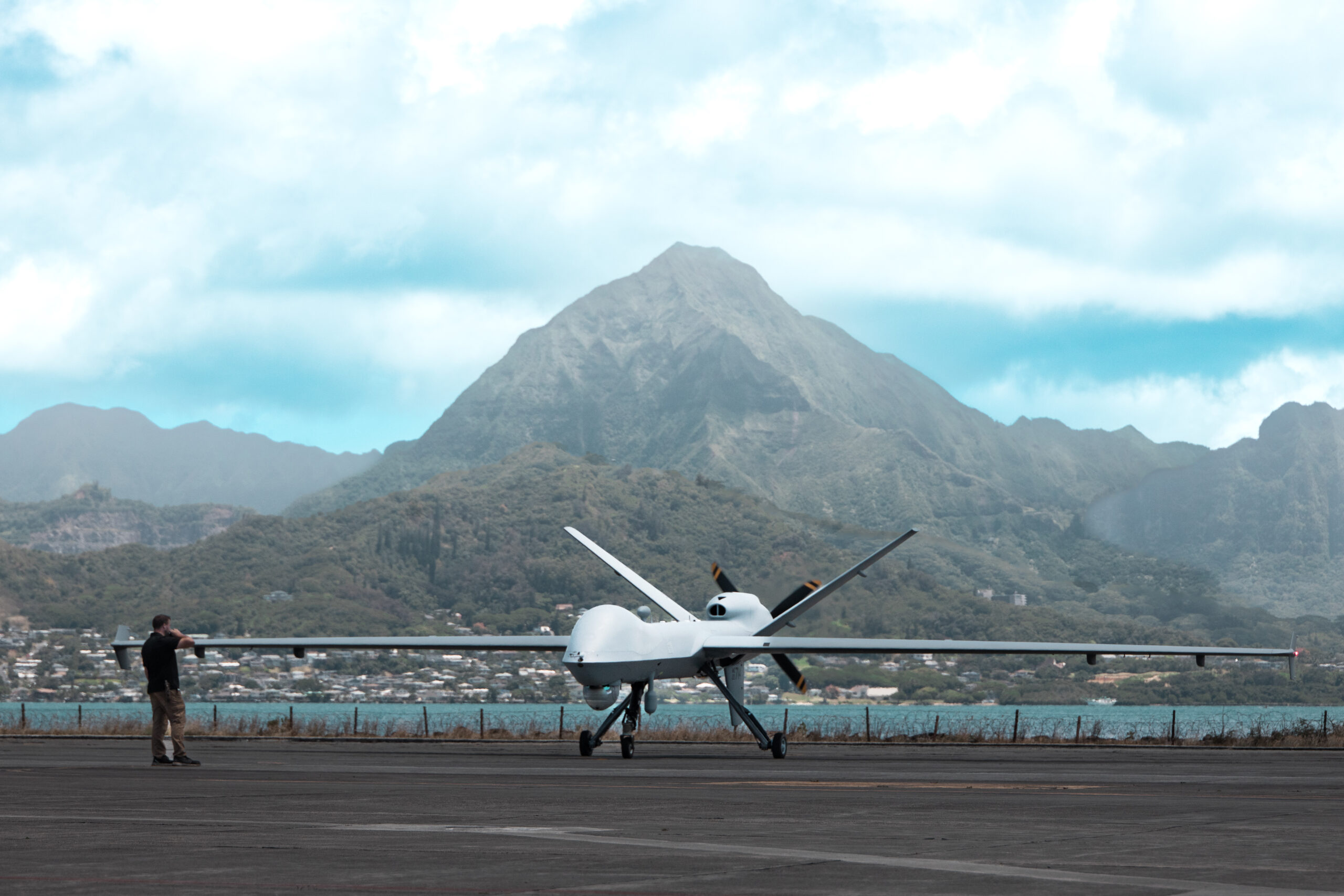 A U.S. Marine Corps MQ-9A with Marine Unmanned Aerial Vehicle Squadron (VMU) 3, Marine Aircraft Group 24, 1st Marine Aircraft Wing, launches on Marine Corps Air Station Kaneohe Bay, June 21, 2023. VMU-3 safely and successfully launched its first MQ-9A remotely piloted aircraft to meet the Naval Air Systems Command Safety Certification process. The Safe-For-Flight Operations Certification (SFFOC) is the final, crucial milestone in VMU-3’s transition from the RQ-21A to the MQ-9A. (U.S. Marine Corps photo by Cpl. Christian Tofteroo).