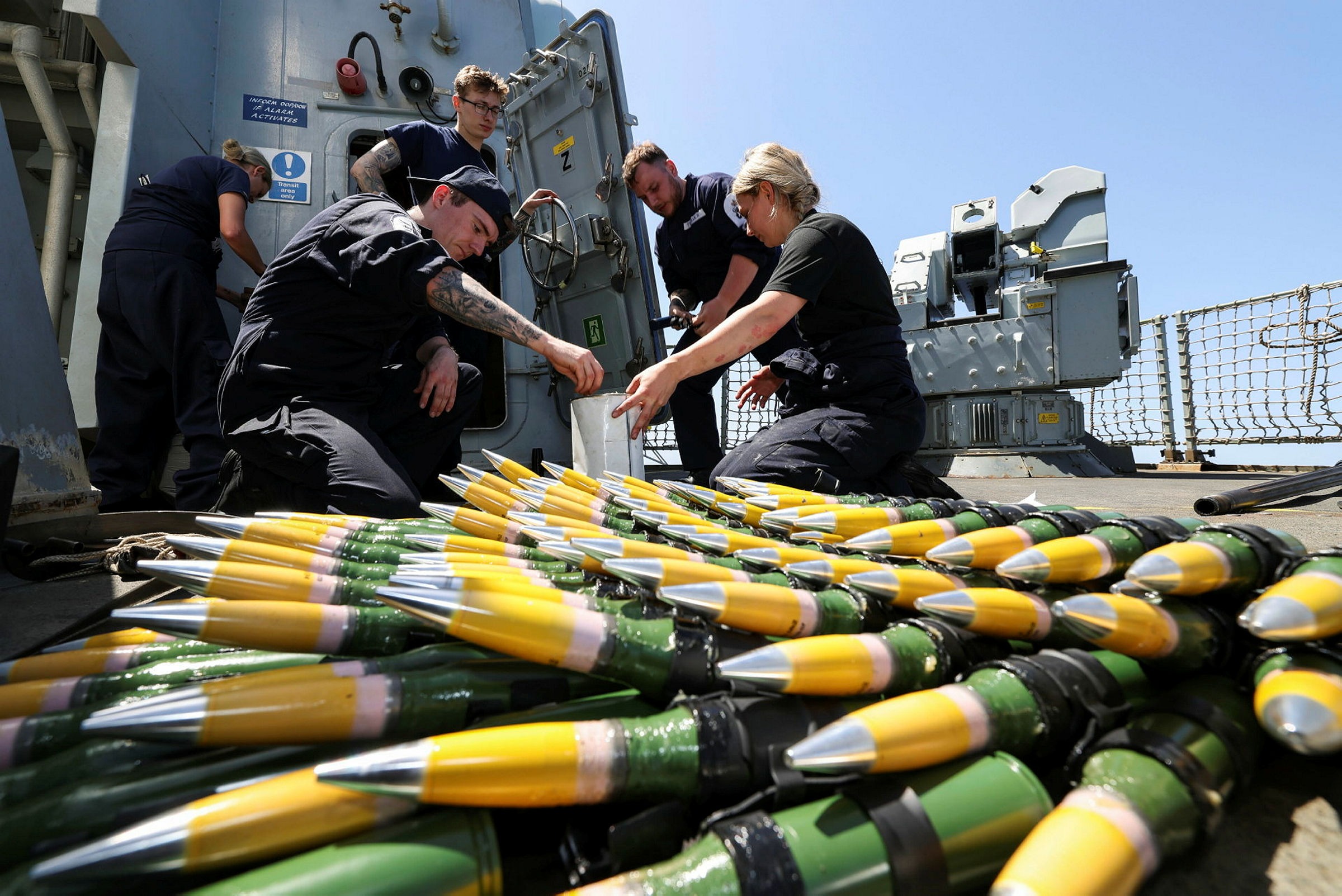 Pictured: Gunners prep the 30mm rounds for the DS-30M Mk II Naval Gun on HMS Dauntless. HMS Dauntless conducts the last gunnery serial with ships company cleaning, preparing and loading weapons prior to going through the Suez Canal with the Carrier Strike Group. Images taken on 23rd May 2025. The Carrier Strike Group is the Royal Navy's key deployment of 2025. Led by UK flagship HMS Prince of Wales and involving a dozen nations, the eight-month mission - known as Operation Highmast - will take the task group to the western Pacific Rim via the Mediterranean and Middle East with a series of large-scale exercises with Britain's allies and partners. The goal is to reaffirm the UK's commitment to the security of the Mediterranean collective resolve with our allies and showcase British trade and industry. Over the course of the deployment, upwards of 4,500 British military personnel will be involved, including nearly 600 RAF and 900 soldiers alongside 2,500 Royal Navy sailors and Royal Marines.