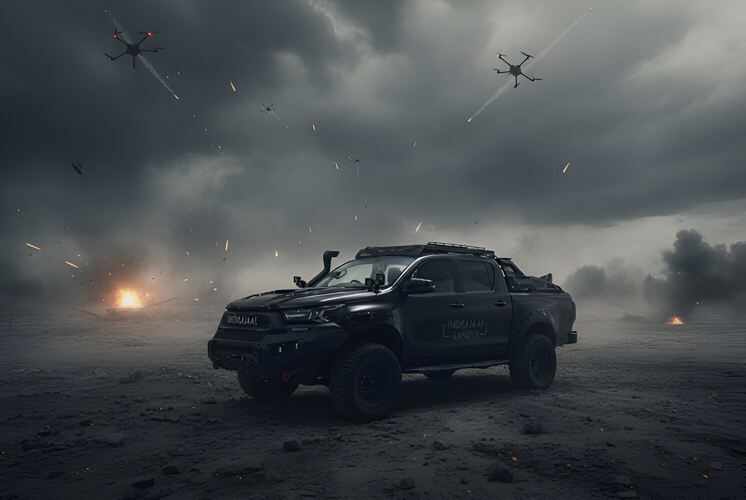 Ranger anti-drone vehicle driving through a smoky battlefield as hostile drones and explosions fill the sky during counter-UAS operations.
