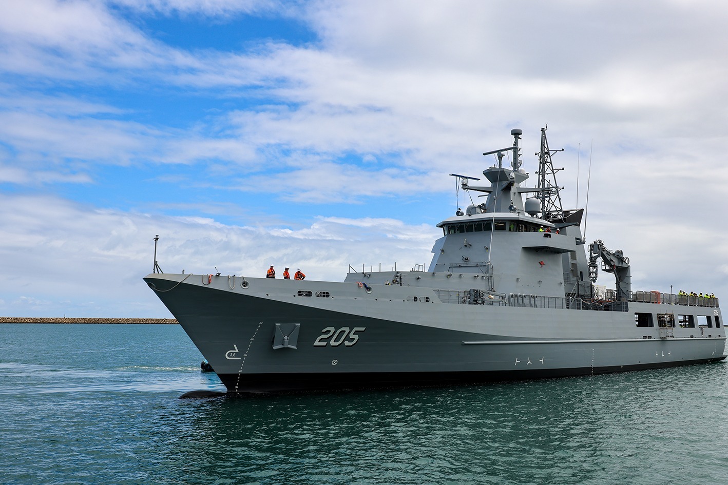 The Royal Australian Navy's the third Arafura-class offshore patrol vessel, NUSHIP Pilbara (OPV 205).