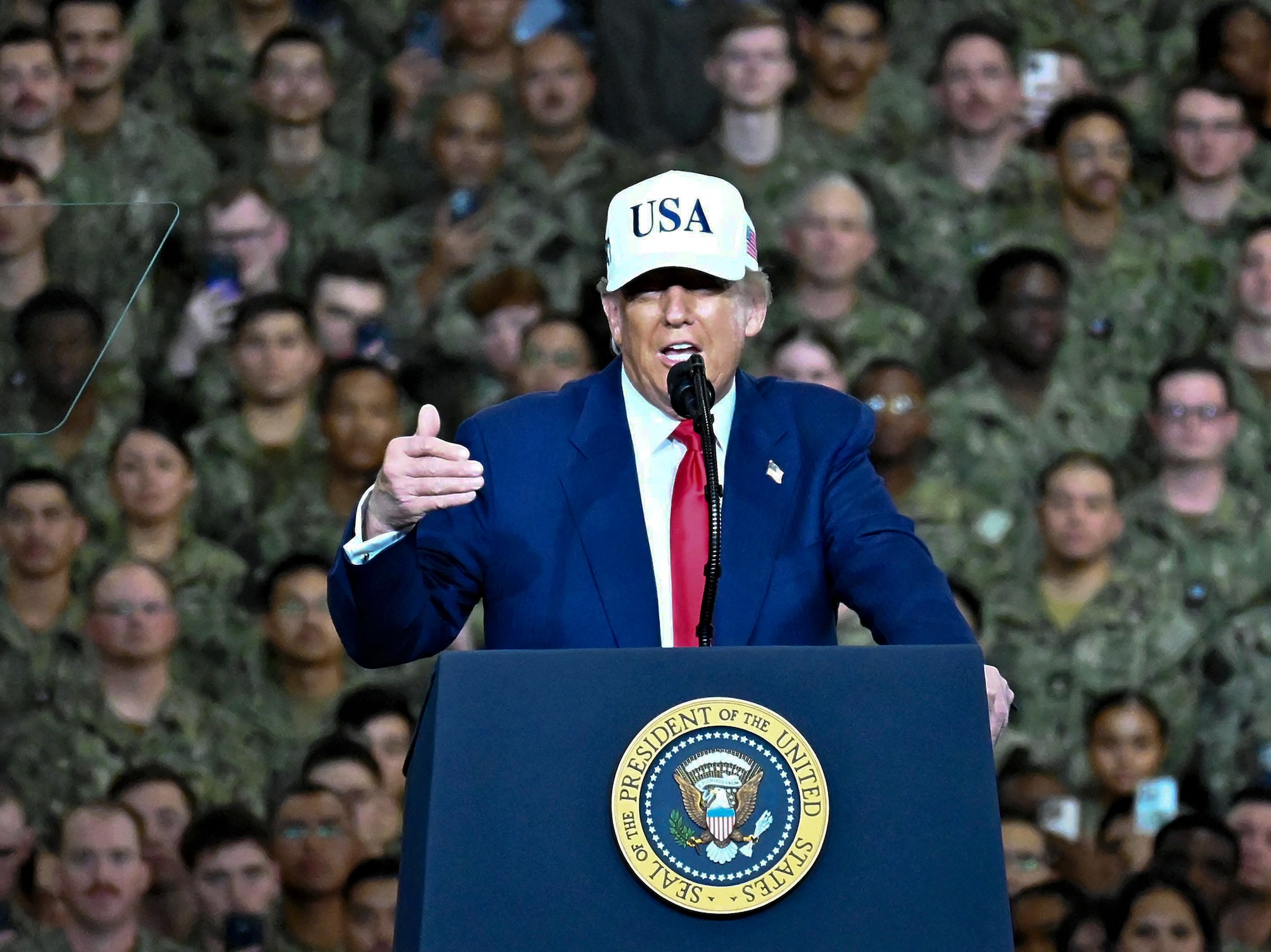 US President Donald Trump speaks to members of the US military and the Japanese Self-Defense Force