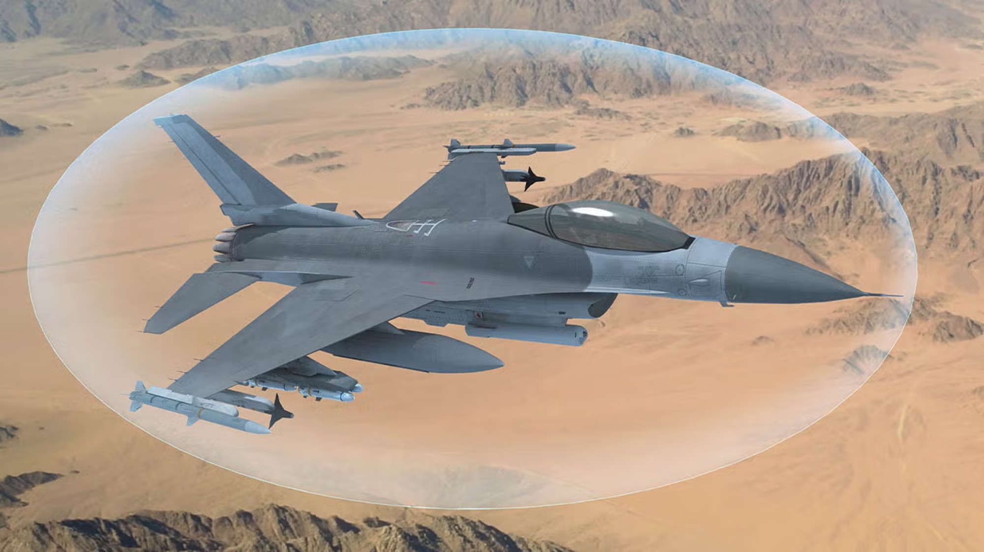 Artist's rendering of an F-16 jet equipped with the Viper Shield electronic warfare system