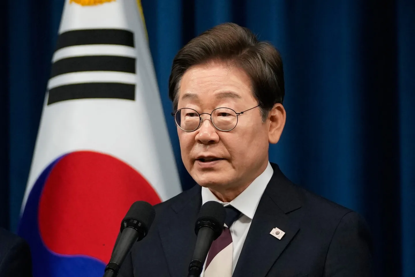 South Korean President Lee Jae-myung speaking at a press conference.