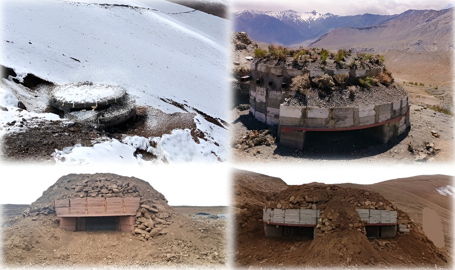 Collage of 3D-printed bunkers in snowy and desert terrain